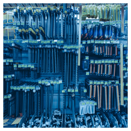 Retail: A photo of a shelf of tools in a hardware store