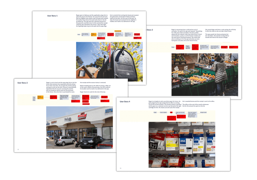 Screenshot of 4 user stories. One featuring a neighborhood, local store, office supply, farmers market.