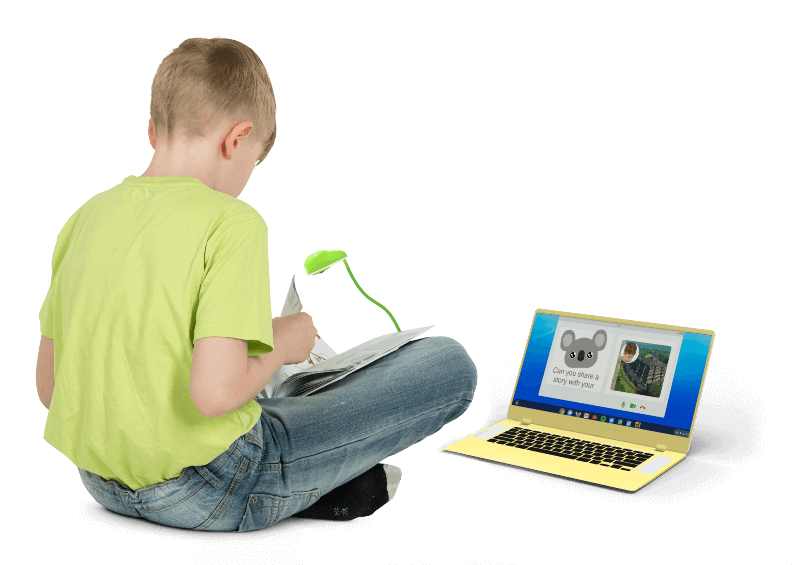 Kid reading a book using the Leah Camera and app on chromebook.