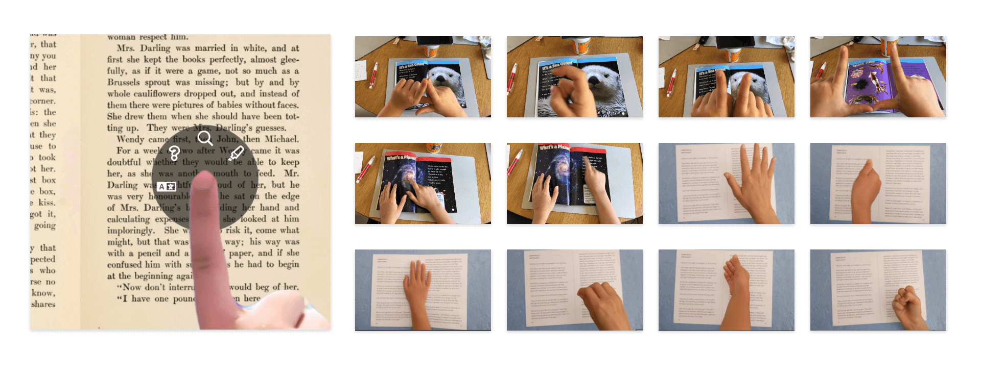 Gesture testing, photos of a childs hand making various hand gestures as input when prompted with example commands