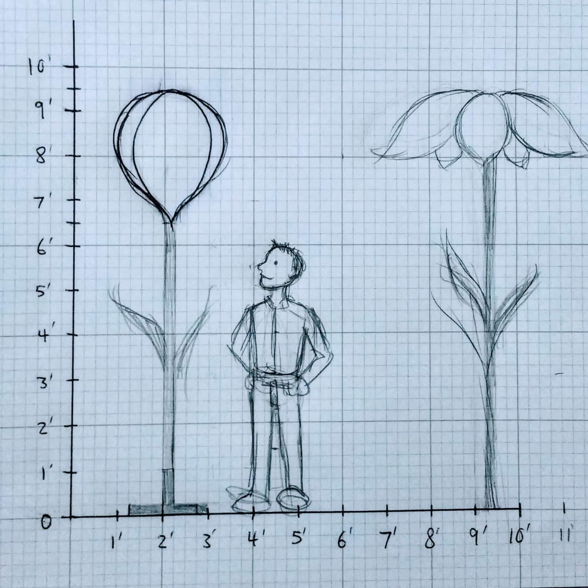 Graph paper sketch of a person standing next to a tall flower that opens above the head.