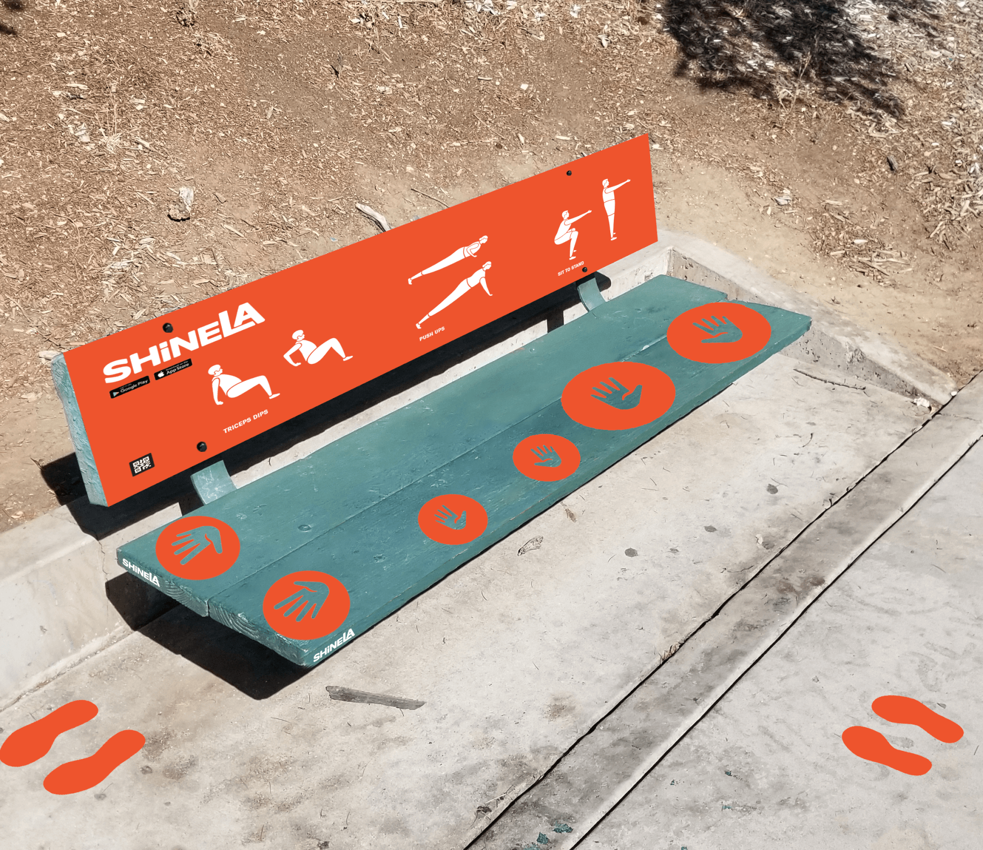 A photo of a bench with instructions on how to do various push-up like esercises. There are handprints on the bench to tell the particpant where to place their hands when exercising.