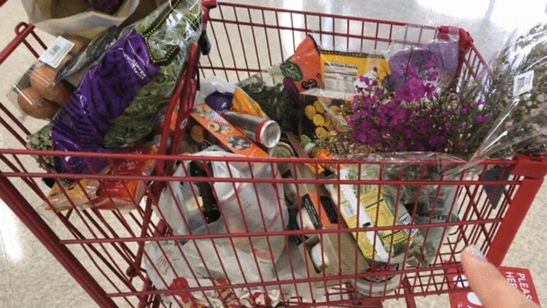Shopping cart with two sets of groceries. The contents include Flowers, eggs, various cans and veggies.