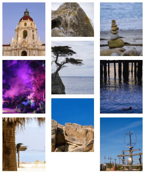 Screenshot of a grid of photos: A pasadena government building, squirrel, bird, rocks, trees, otter, and sculpture in Joshua Tree