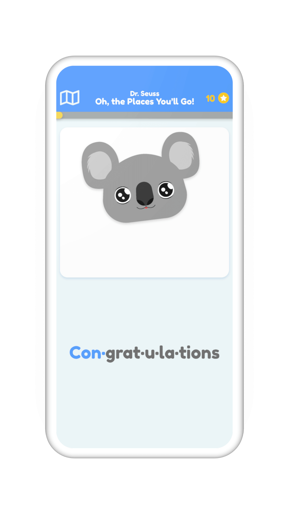A mockup of a screen with Leah the character asking the user to pronounce the word congratulations, part by part.