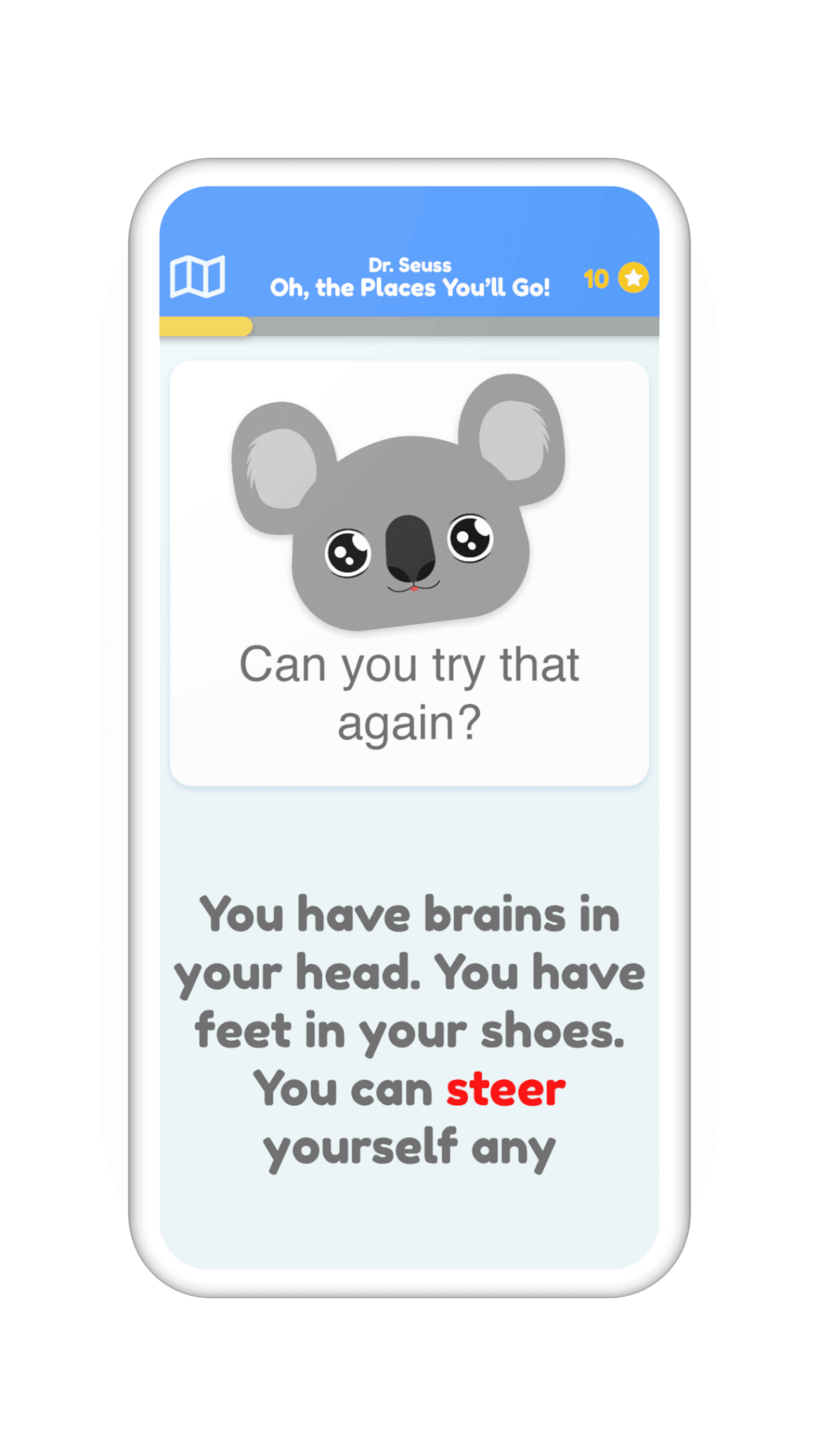 A mockup of a screen with Leah the character asking the user to try pronouncing the word steer again.