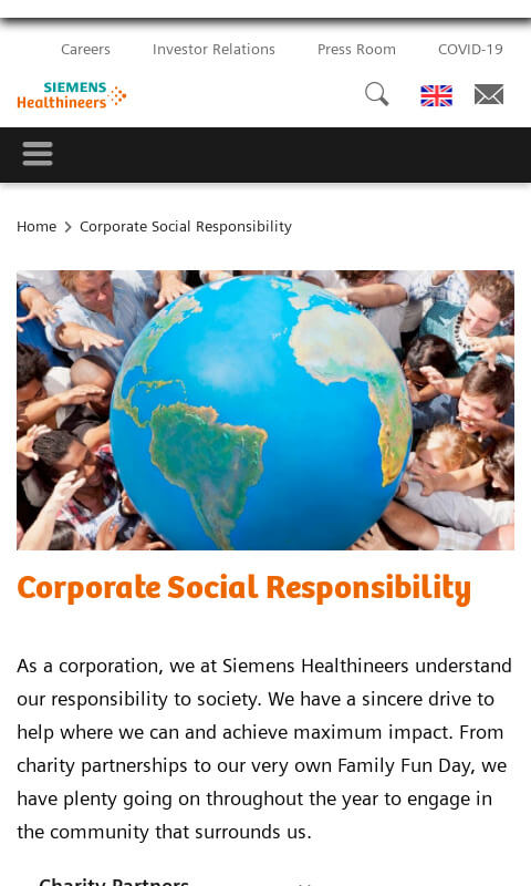  Screenshot of the Siemens Healthineers Corporate Social Responsibility page.